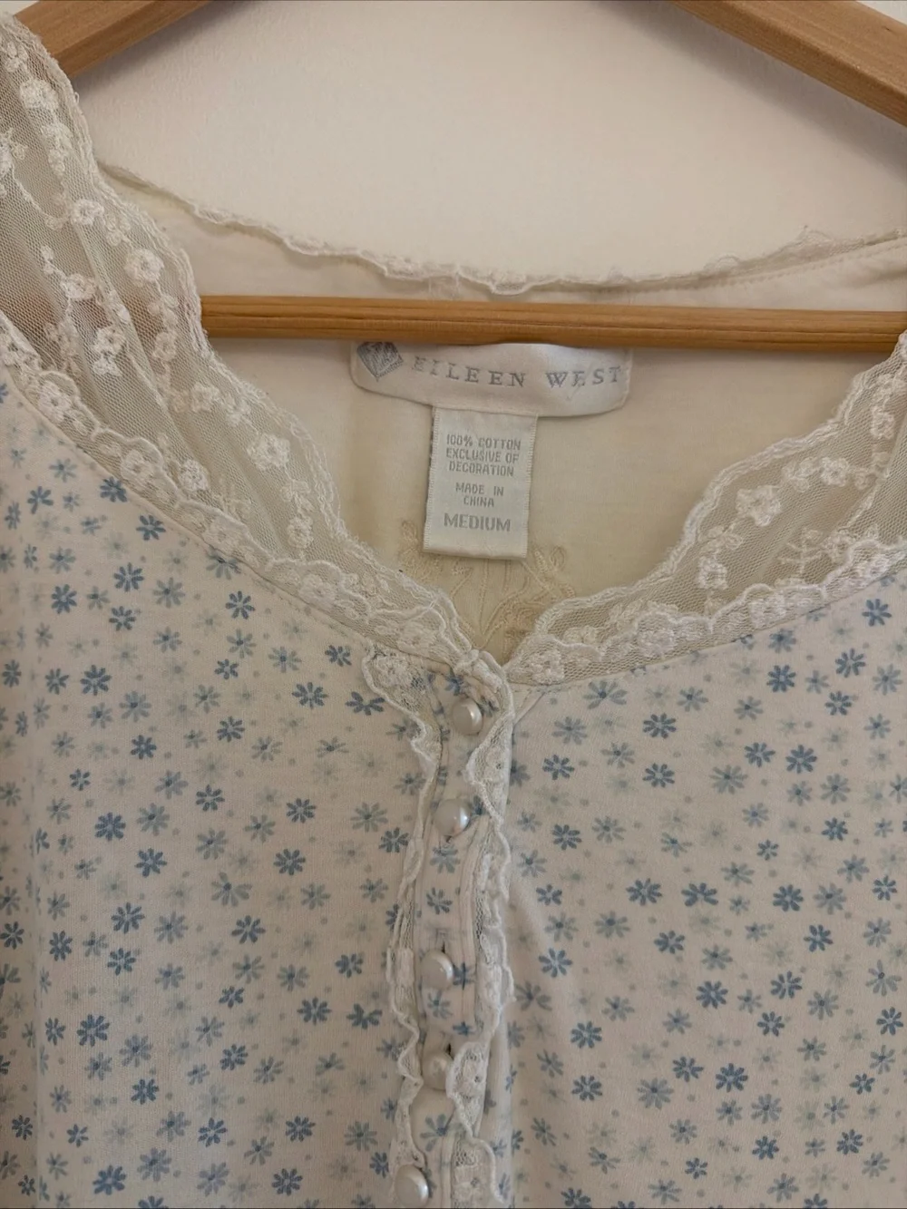 Eileen West Long Sleeve Lace Trimmed Cotton Short Nightgown Blue Floral Print
